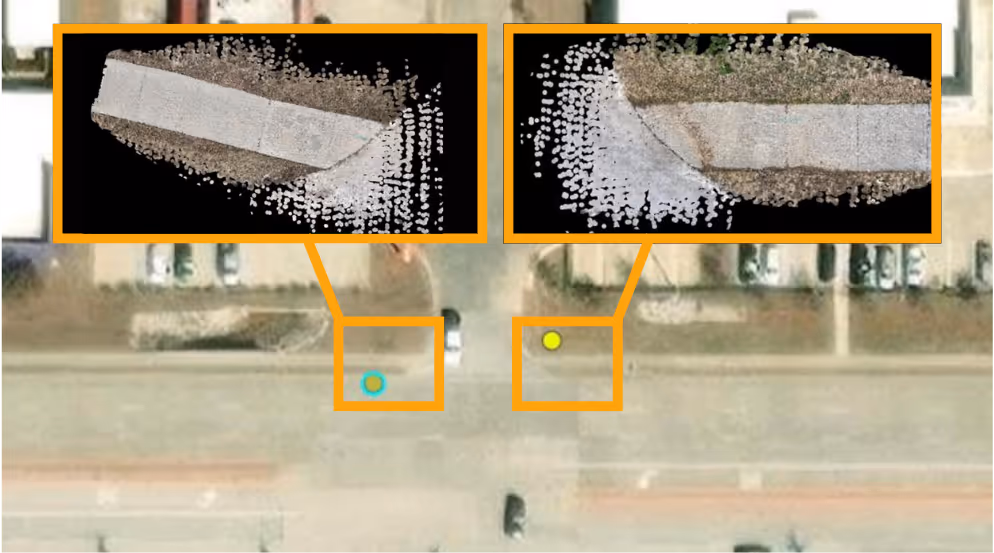 View from above of high traffic commercial driveway. In the top left and right corners, there is a top view of the driveway ramp scans for each side of the driveway.
