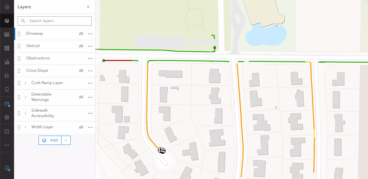 Obstruction layer of processed sidewalk data showing identified obstructions in the sidewalk network as marked by an icon featuring a man walking with arrows pointing inward
