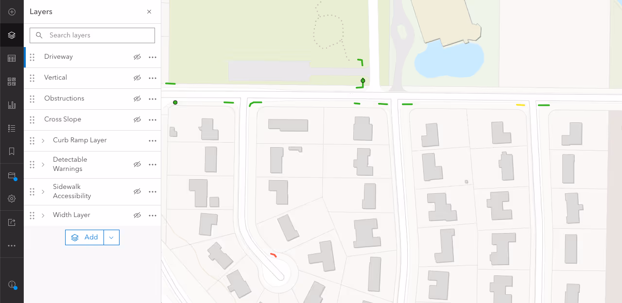 Curb ramp layer of processed sidewalk data showing compliant curb ramps in green and noncompliant curb ramps in red