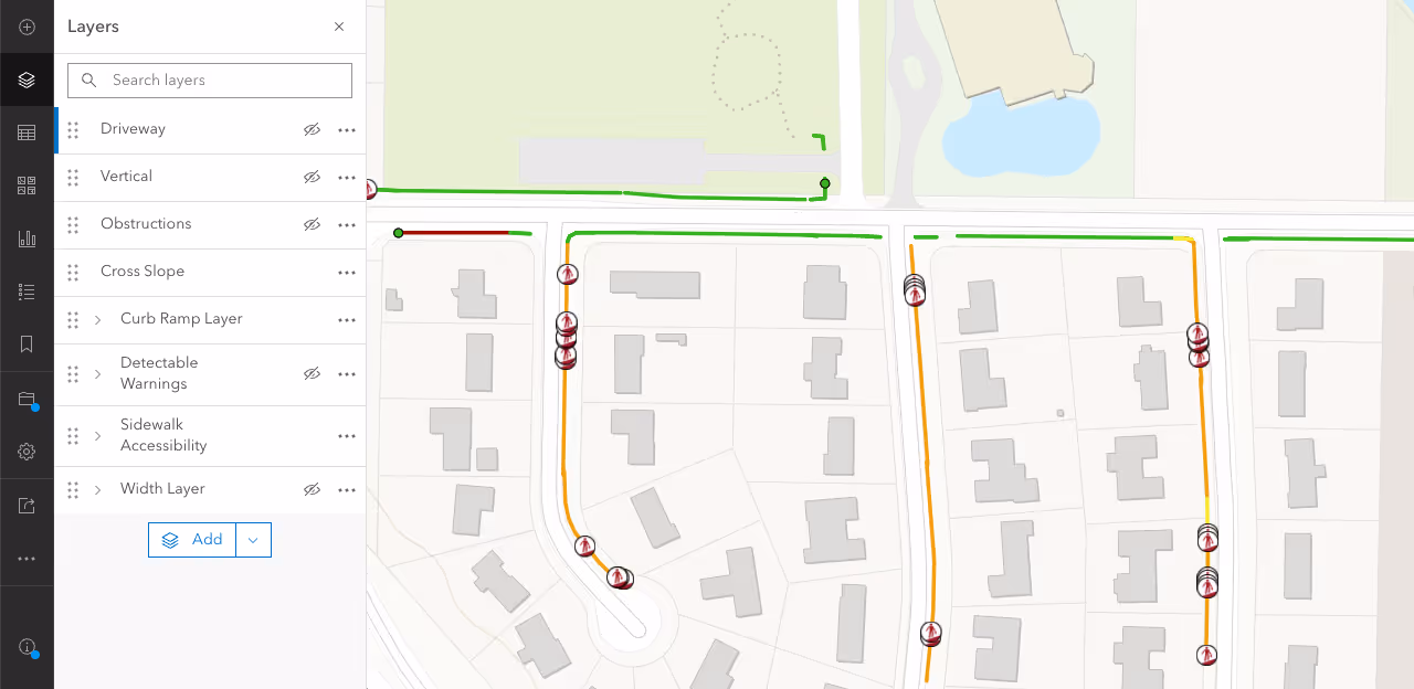 Cross slope layer of processed sidewalk data showing red icon of man walking on sloped surface to depict identified cross slope violations