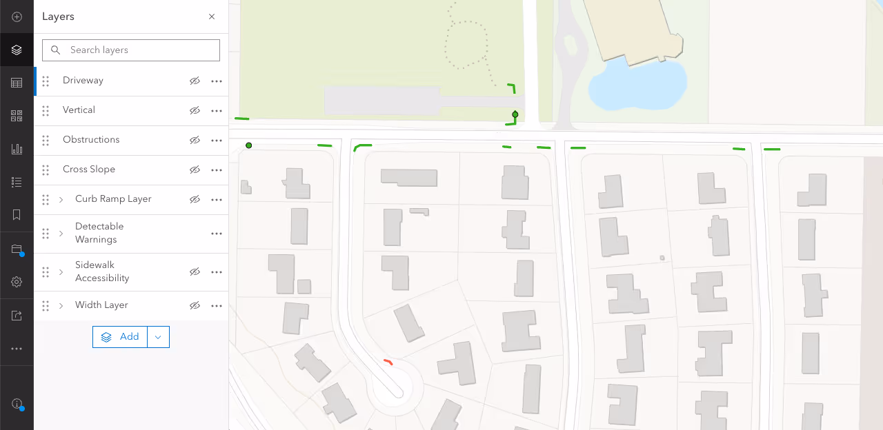 Detectable warning surface layer of processed sidewalk data showing the presence of detectable warning surfaces in the sidewalk network

