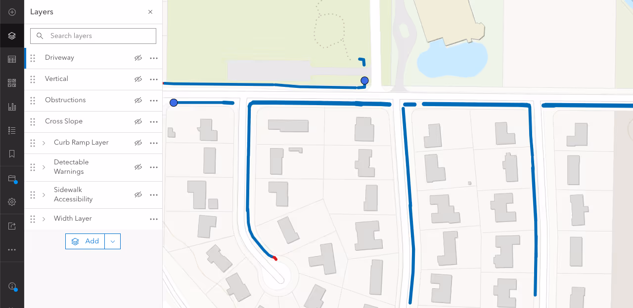 Sidewalk layer that shows the sidewalk and curb ramps that do not meet the requirement of 36” in red and the compliant sidewalk in blue