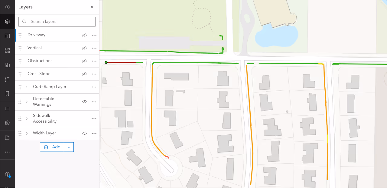 Sidewalk accessibility layer of processed sidewalk data with green, orange, and red lines showing accessibility score