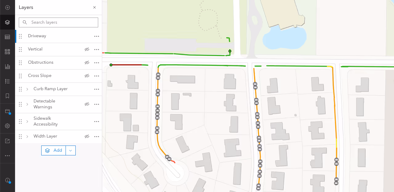 Manual tags of driveway locations in the sidewalk network as marked by white car surrounded by gray circle