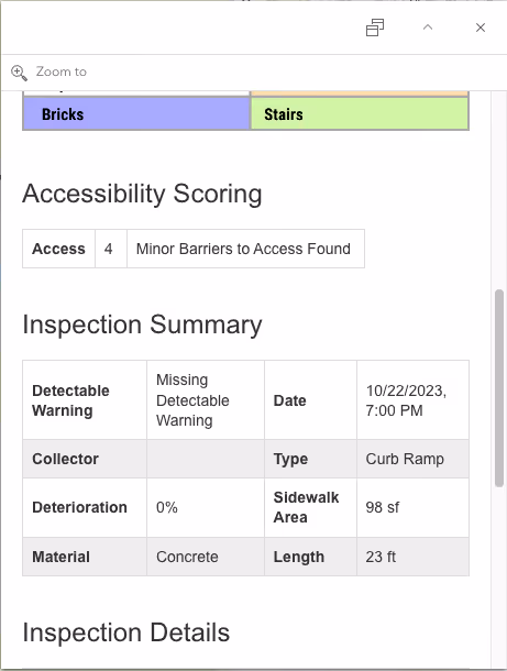 details shown in the Feature service pop up for identification details and accessibility scoring of the sidewalk scan