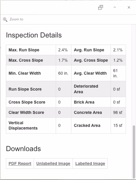 Table of inspection details for sidewalk scan in the feature service of DeepWalk's Esri ArcGIS Package