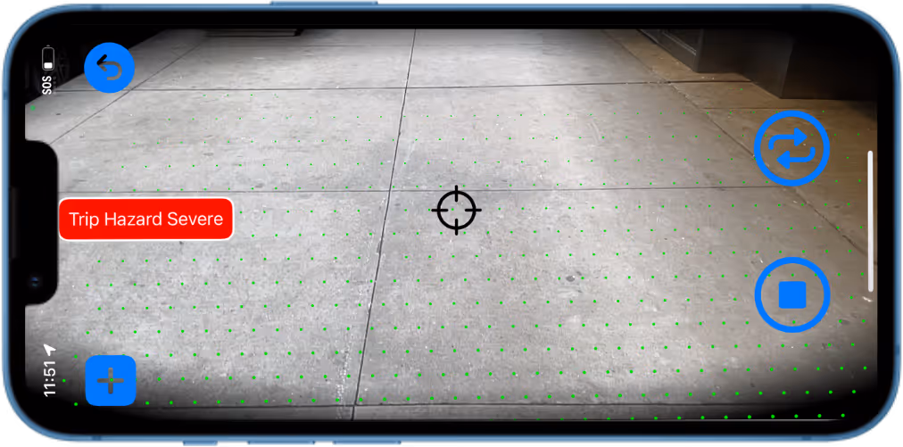 iPhone screen displaying DeepWalk's mobile application with sidewalk scan and access barrier buttons