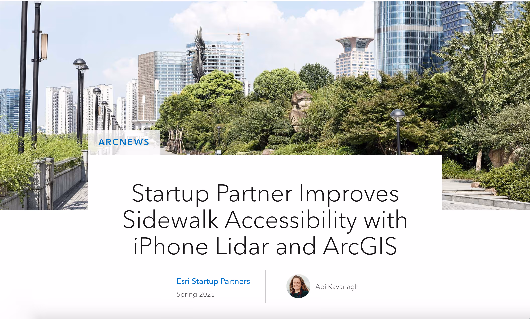 ArcNews article screenshot featuring DeepWalk sidewalk inspection technology and Esri ArcGIS integration