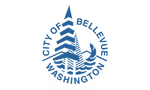 Bellevue Washington logo featuring blue stylized mountain, tree, and water