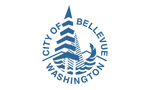 Bellevue Washington logo featuring blue stylized mountain, tree, and water