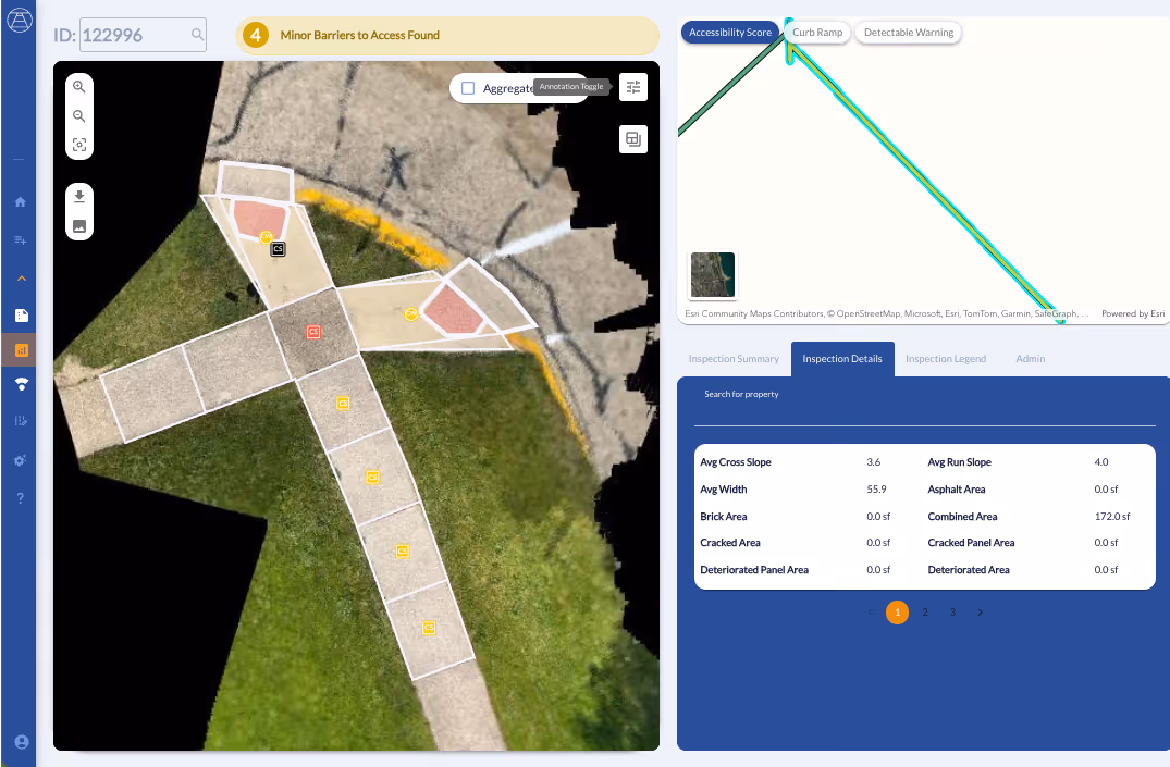 aerial map view of sidewalk with highlighted sections showing minor access barriers and inspection details including slope and area measurements