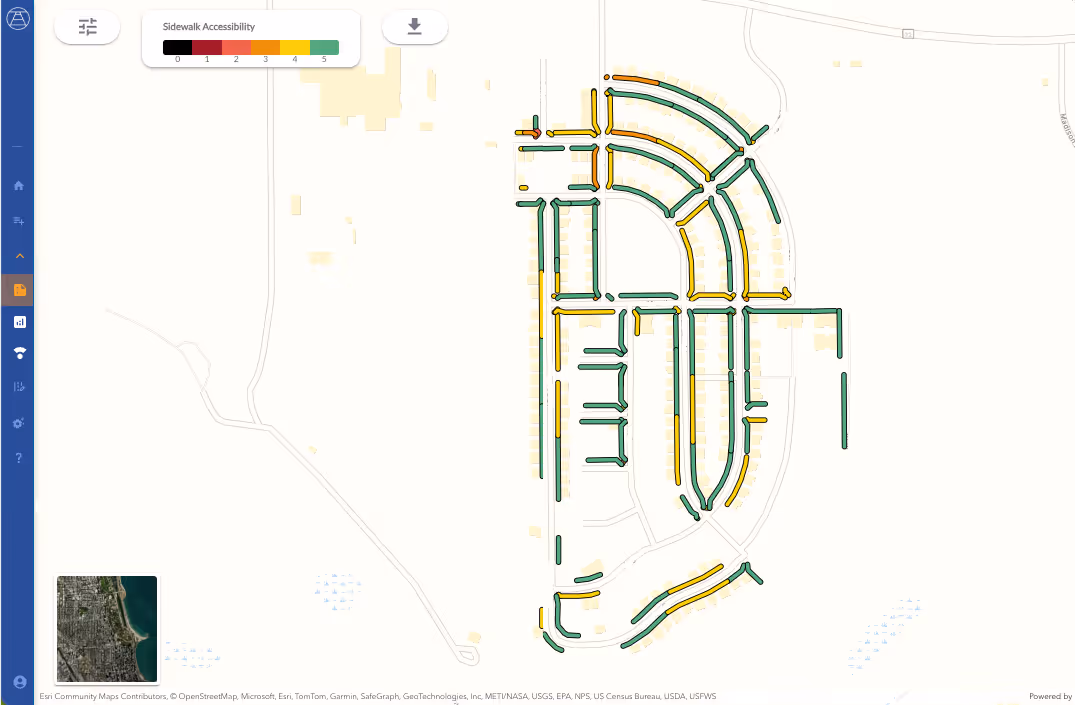 Map showing a neighborhood's sidewalk accessibility with streets color-coded from black to green indicating accessibility scores from 0 to 5.
