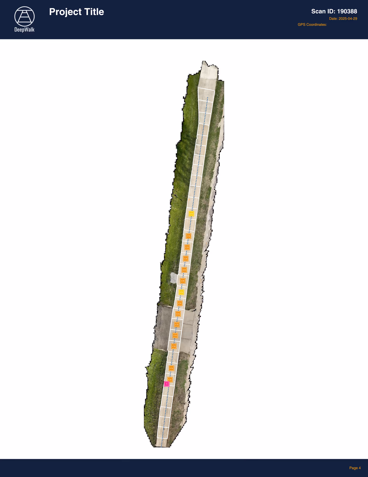 DeepWalk scan image of a sidewalk panel showing cross slope and clear width inspection data