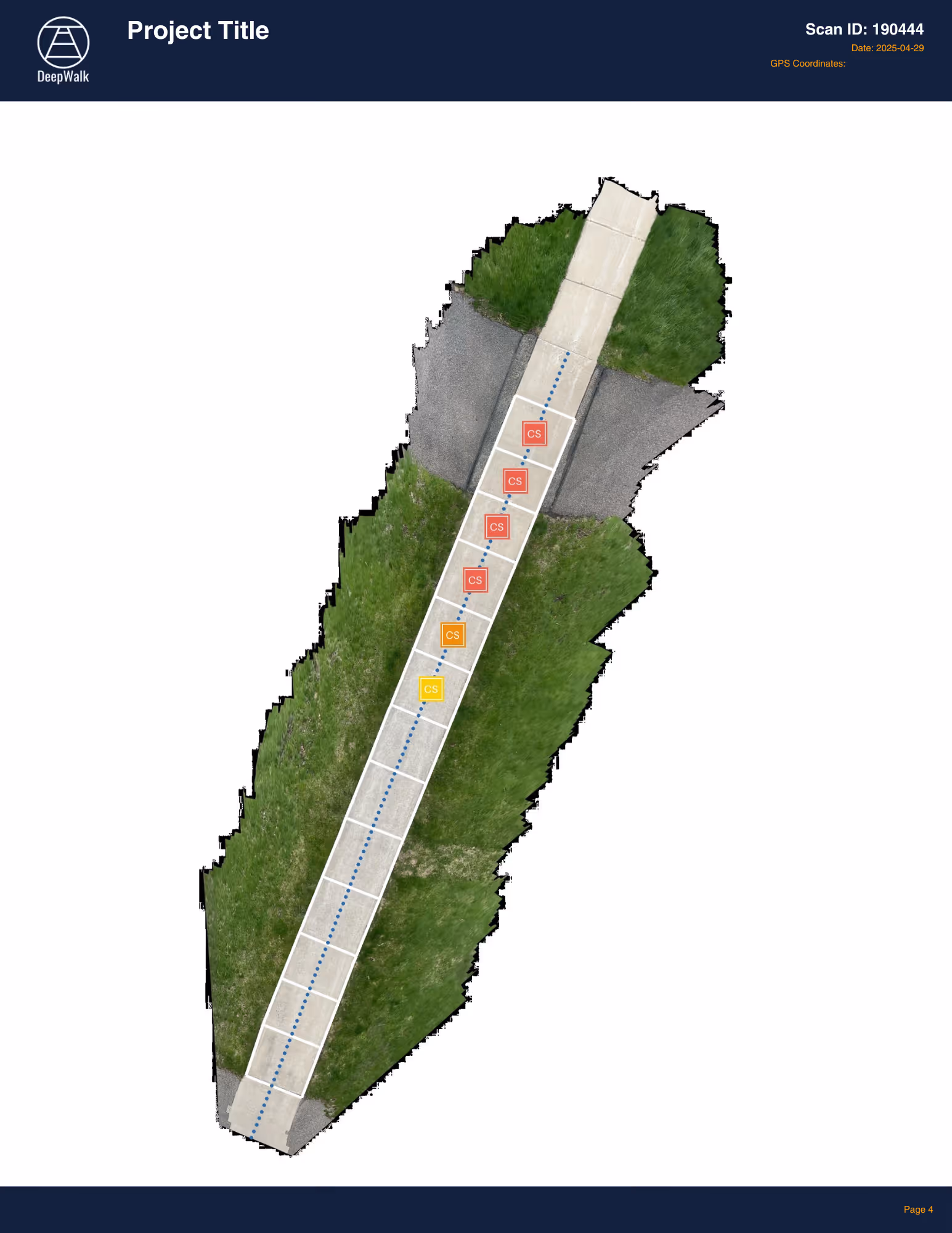 DeepWalk scan image of a sidewalk panel with annotated accessibility barrier measurements