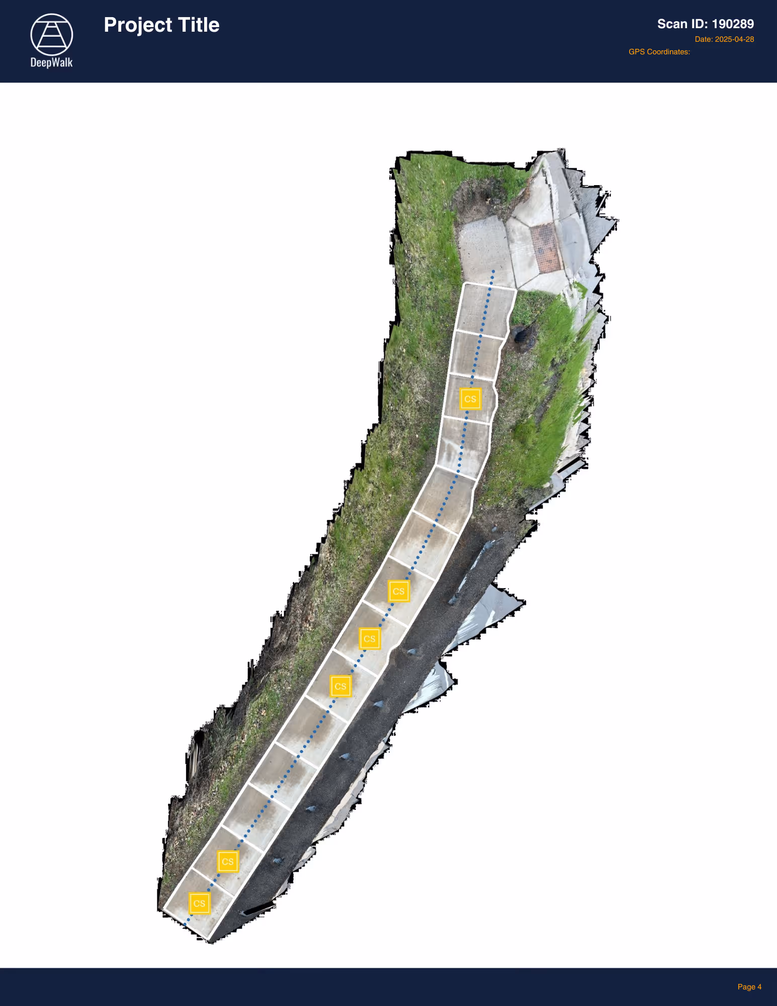 DeepWalk LiDAR scan image of a sidewalk segment used for ADA compliance inspection