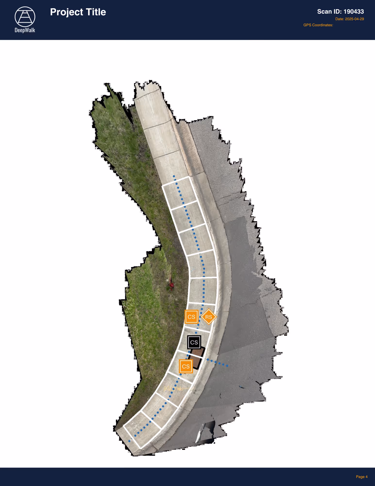 Top-down LiDAR scan of a sidewalk panel showing surface measurements and accessibility data