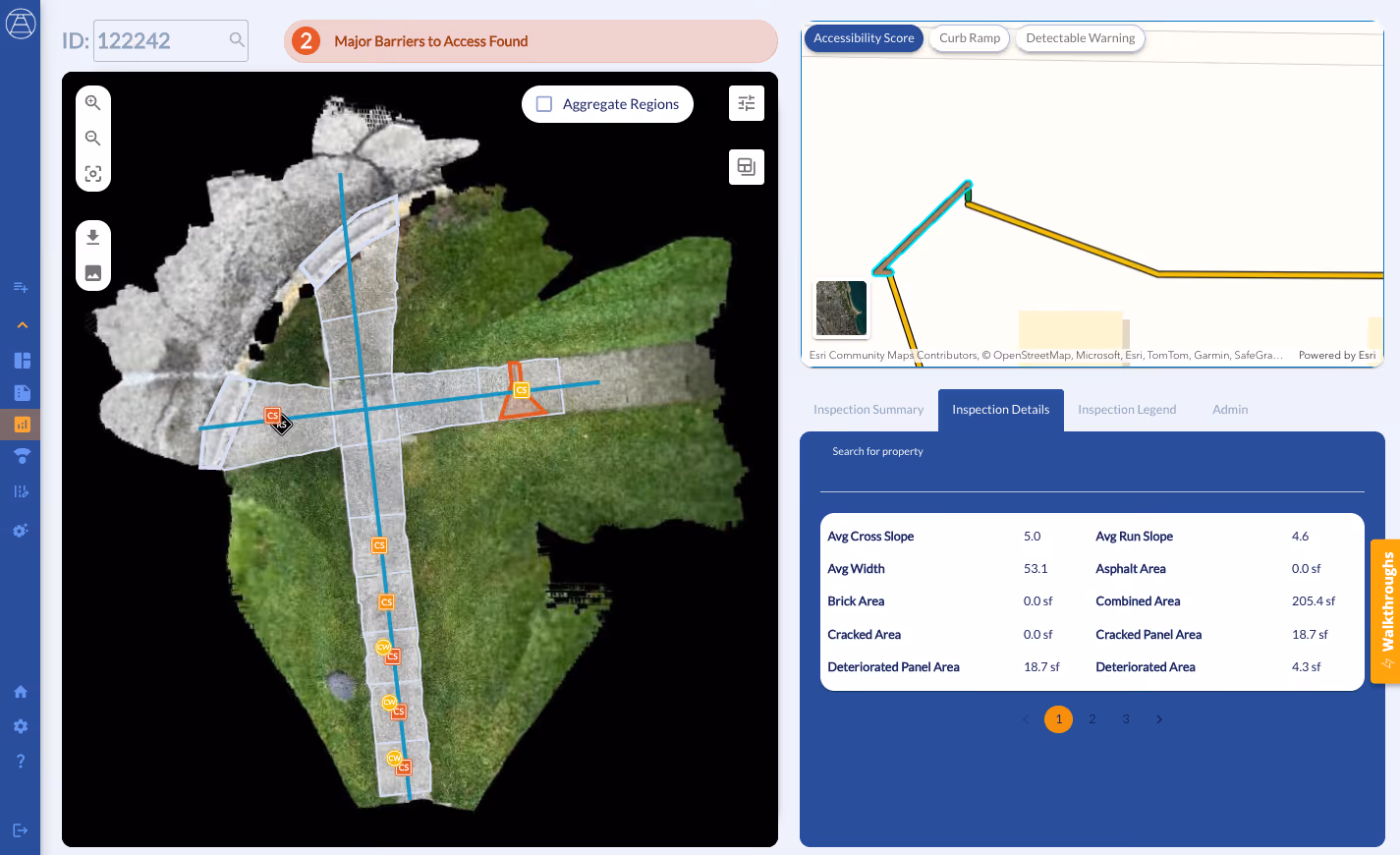 Screenshot of DeepWalk sidewalk accessibility inspection dashboard with scan data and map view