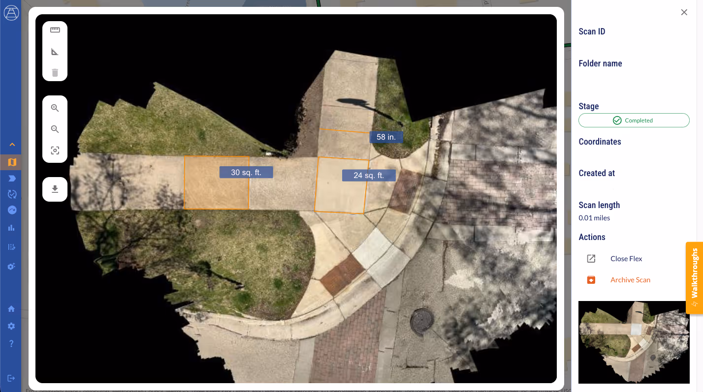 A curb ramp with measurements taken on the length, width, and area of 3 different panels