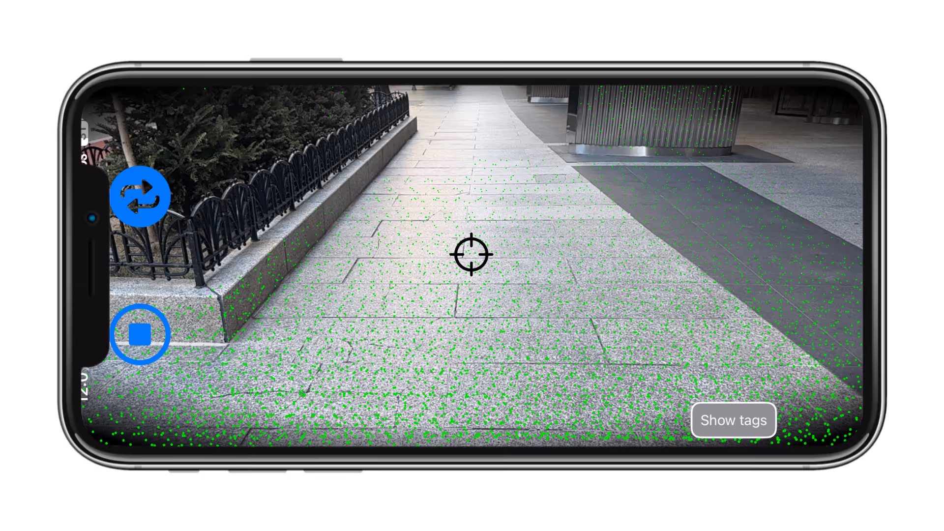 Nimlok trade show display phone mockup showing DeepWalk sidewalk inspection app interface