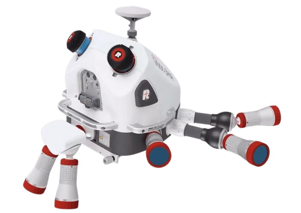 Compact white robotic device with four articulated limbs, each ending in red and blue tips, equipped with black and red dials and a central antenna-like sensor on top.