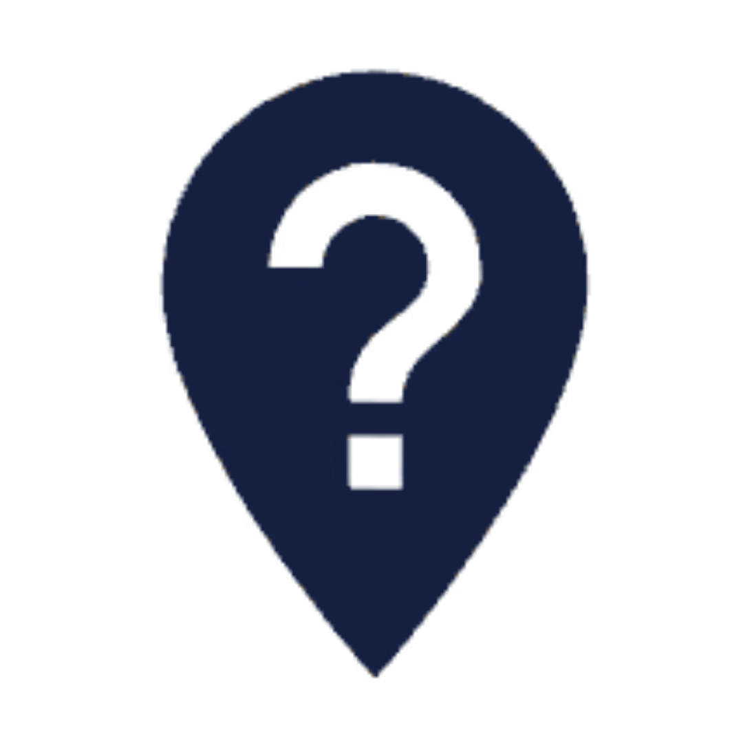 Dark blue location pin icon with a black question mark inside it on a transparent background.