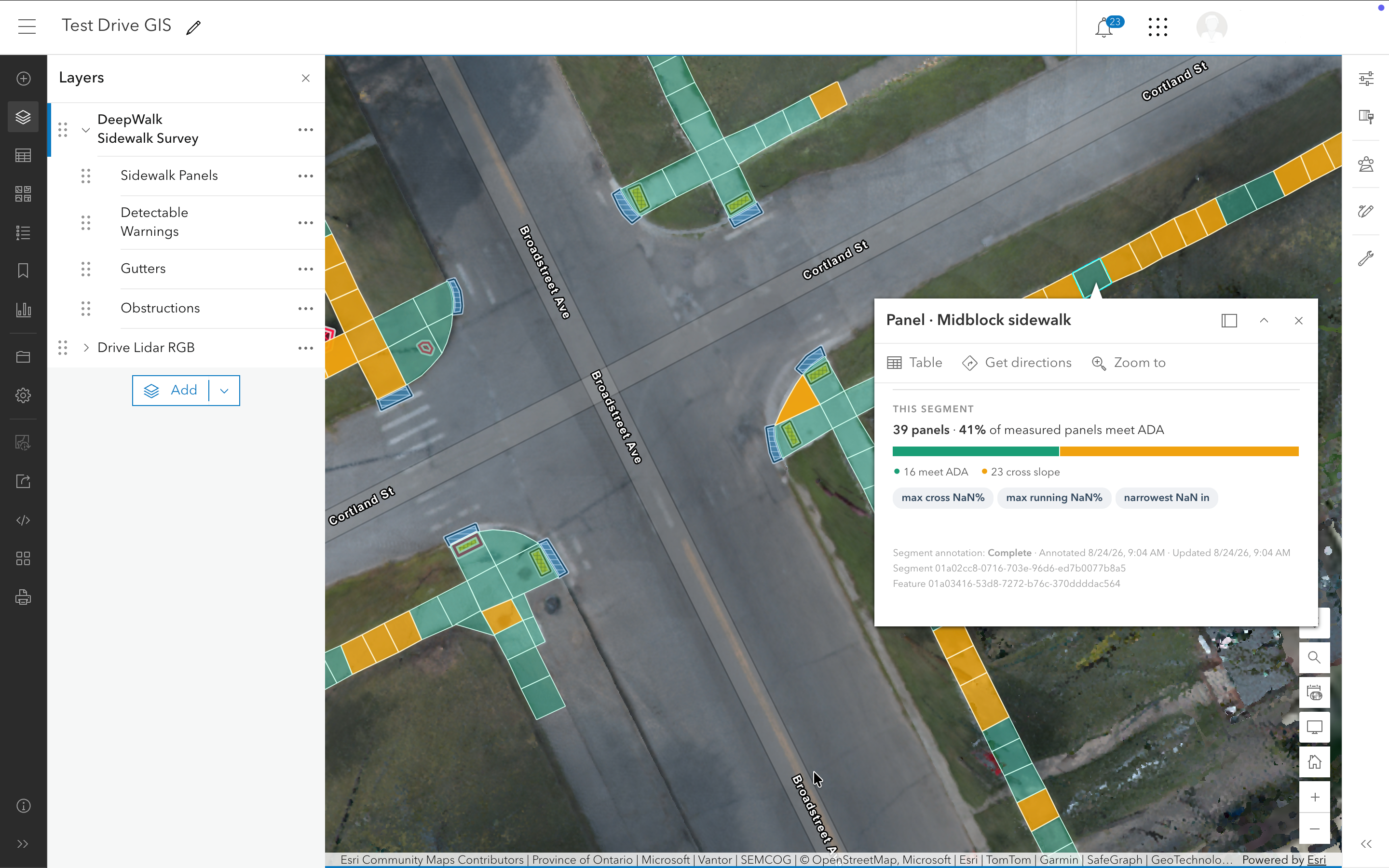 GIS map interface showing an aerial view of a street intersection with sidewalks highlighted in colored panels representing accessibility survey data; green panels mostly meet access standards while orange panels indicate cross slope issues, with a sidebar listing survey layers and a details box showing that 39 sidewalk panels were measured, 41% meet ADA, and 16 meet ADA while 23 have cross slope problems.