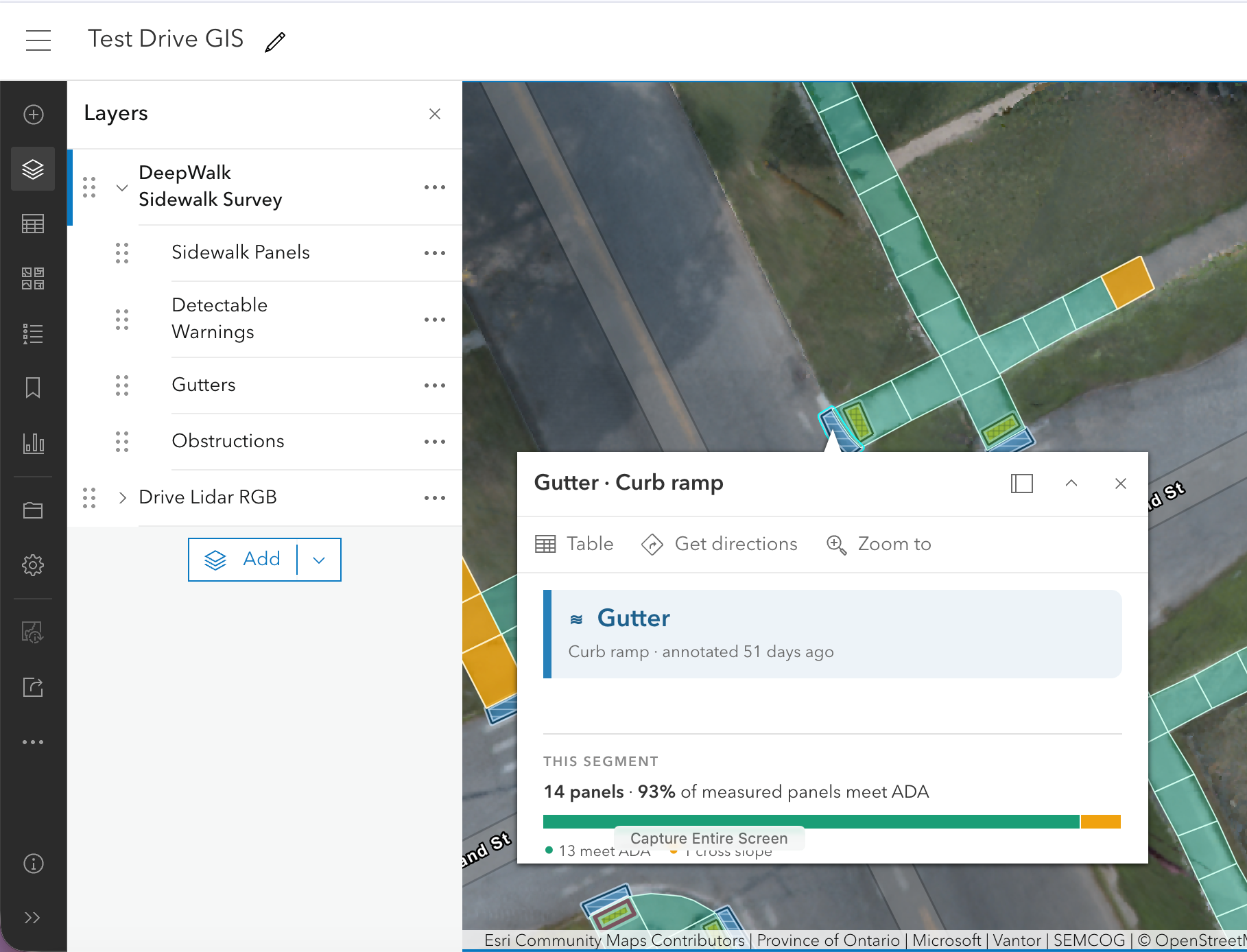 GIS interface showing a sidewalk survey with layers including Sidewalk Panels, Detectable Warnings, Gutters, and Obstructions. A popup details a gutter curb ramp segment with 14 panels, 93% meeting ADA standards, visually represented by a mostly green bar with a small orange section.