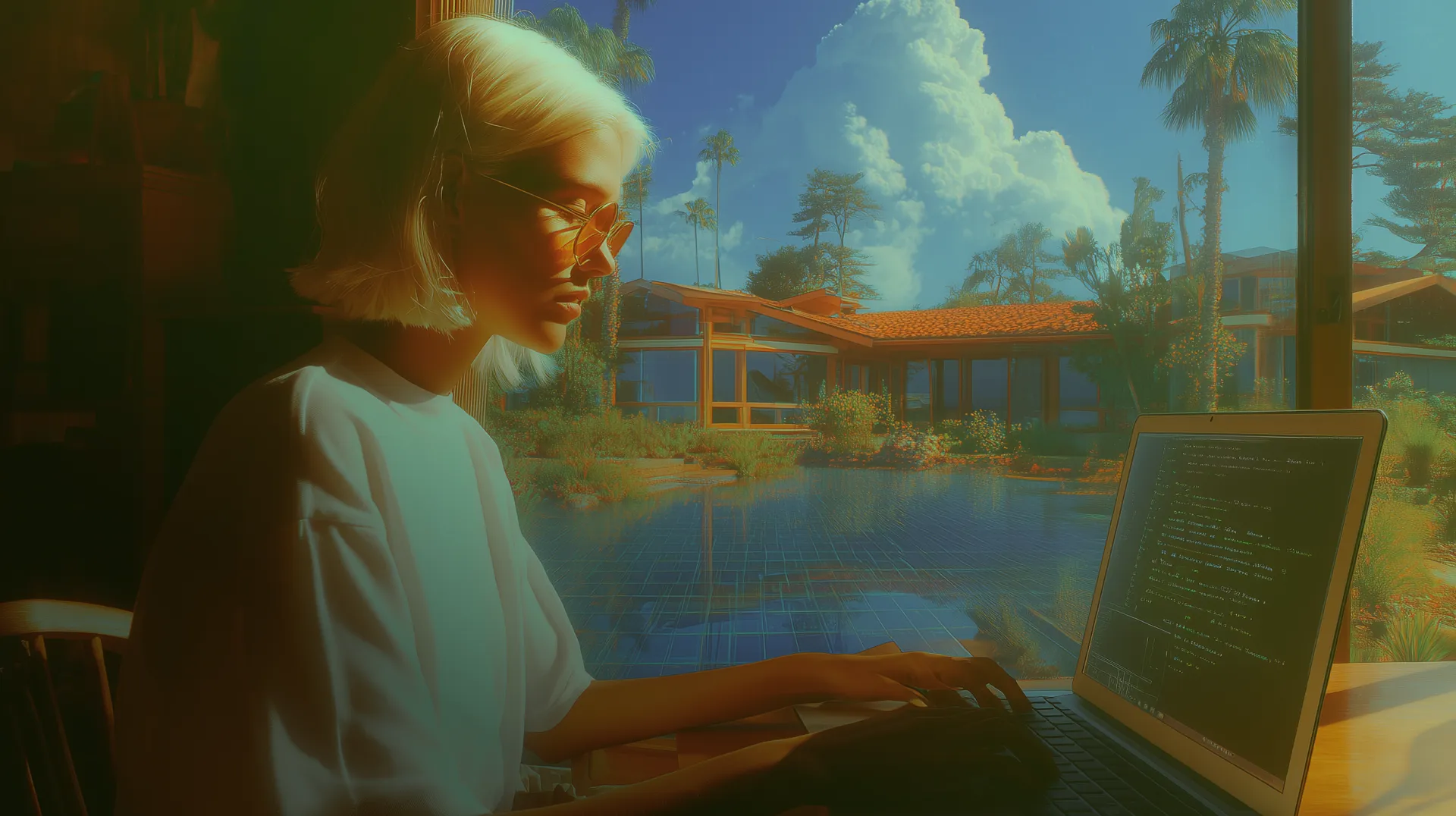 a girl working on their computer in a dreamy mansion, super simple clean modern design, code on her computer screen