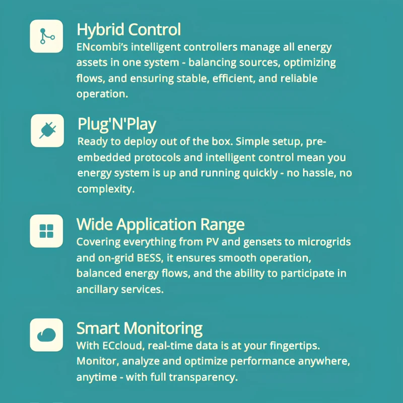ENcombi feature overview: hybrid control, plug and play setup, wide application range and smart monitoring