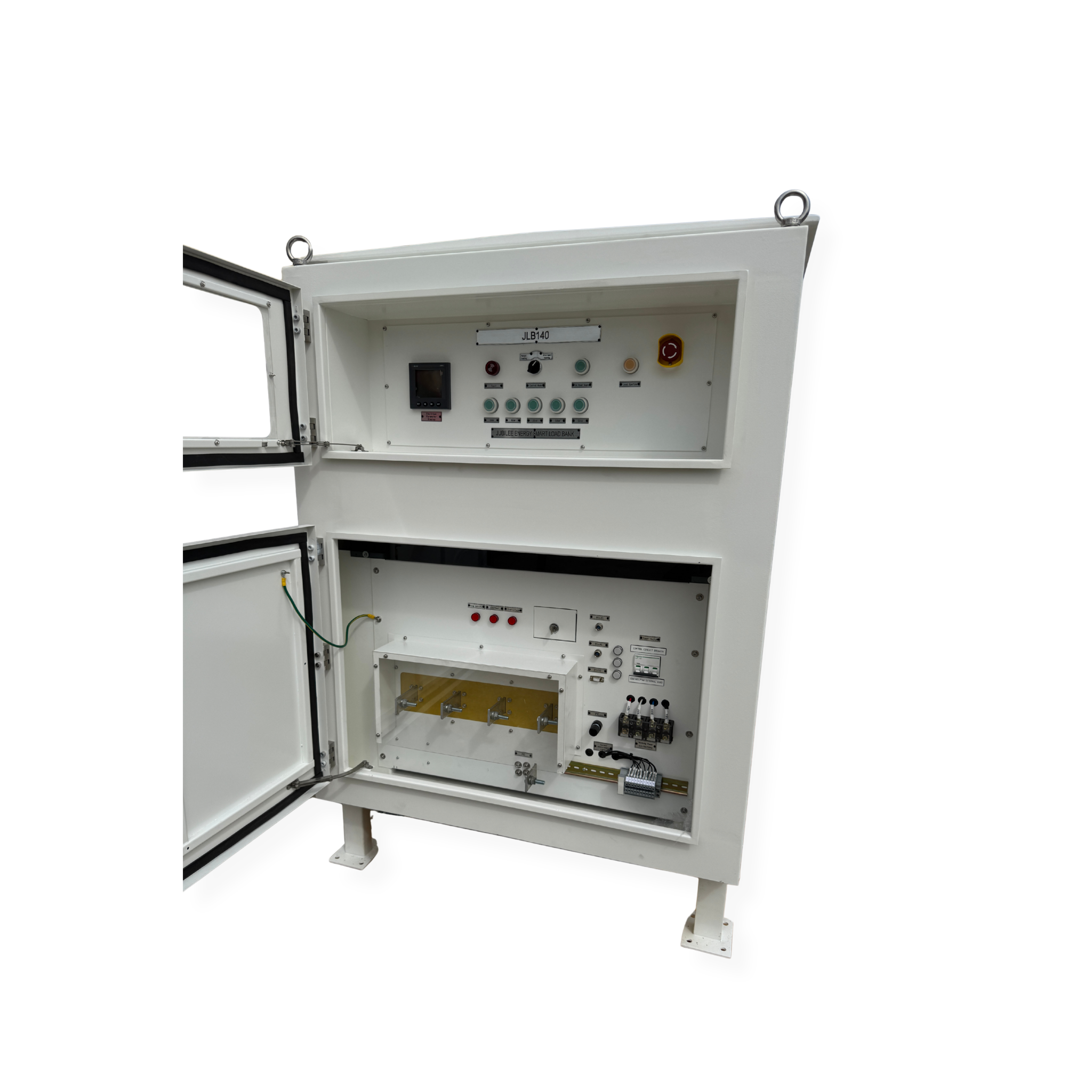 Load bank control cabinet with the door open