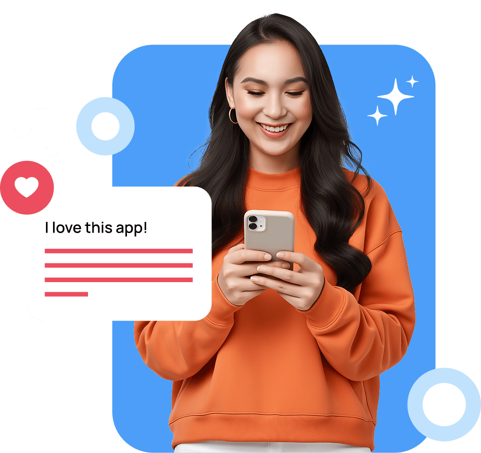 A picture of a woman in an orange jumper looking at her phone and smiling