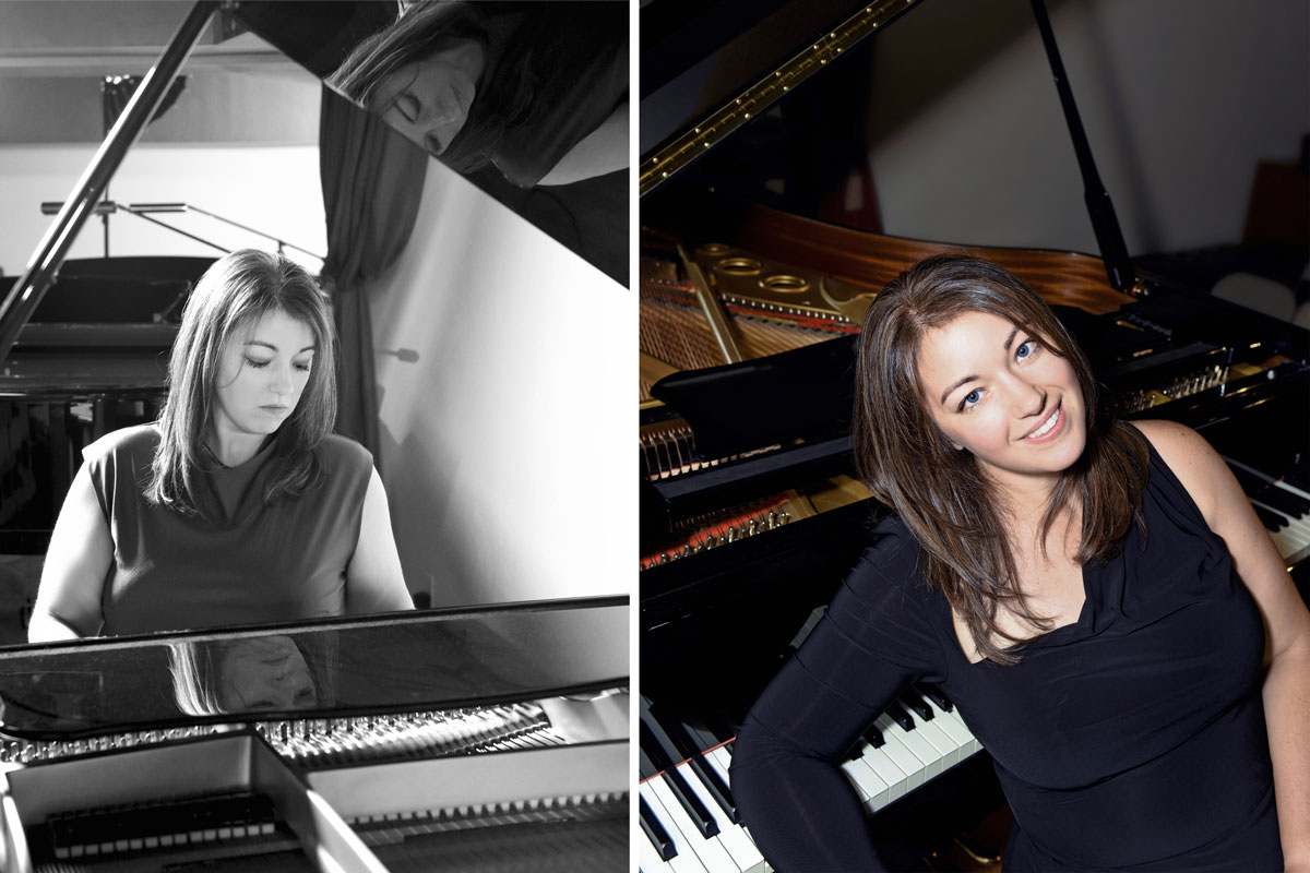 Two images of a woman with brown hair by a grand piano, one black and white showing her focused playing, and one color smiling at the camera.