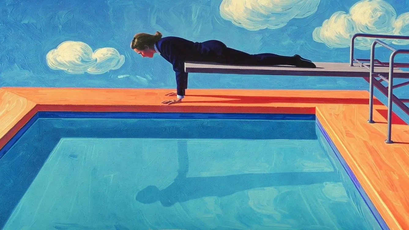 Frau im Business-Anzug liegt vorsichtig auf einem Sprungbrett über einem leeren Pool, vor blauem Himmel mit Wolken. Symbolbild für Unsicherheit, mutige Entscheidungen und persönliche Entwicklung im Business-Kontext.