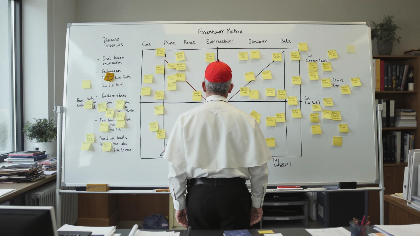 Ein älterer Mann in kirchlicher Kleidung steht vor einem Whiteboard mit einer Eisenhower-Matrix, das mit zahlreichen Haftnotizen beklebt ist. Er scheint konzentriert über Prioritäten und Entscheidungsfindung nachzudenken. Im modernen Büro mit Bücherregalen im Hintergrund. Symbolbild für Leadership, strategisches Denken und Business Coaching.