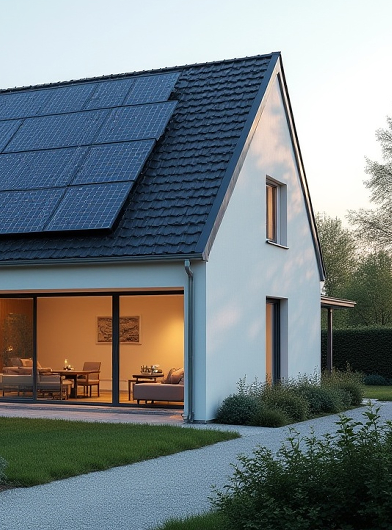 Modern white house with dark roof featuring solar panels and large glass sliding doors opening to a warmly lit living room.