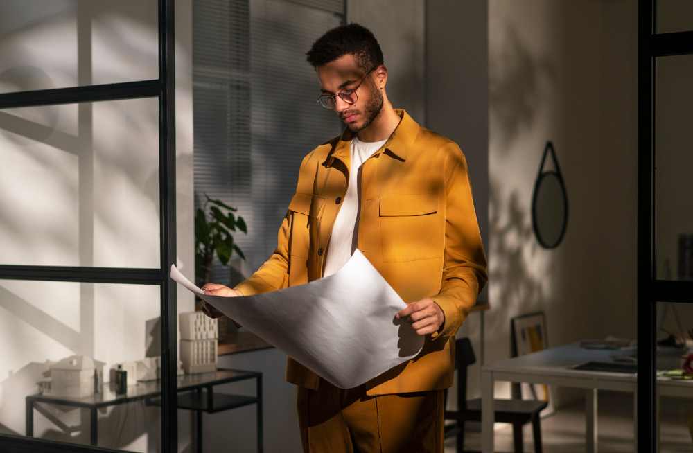 Man wearing glasses and a mustard yellow jacket reviewing a large sheet of paper in a modern office.