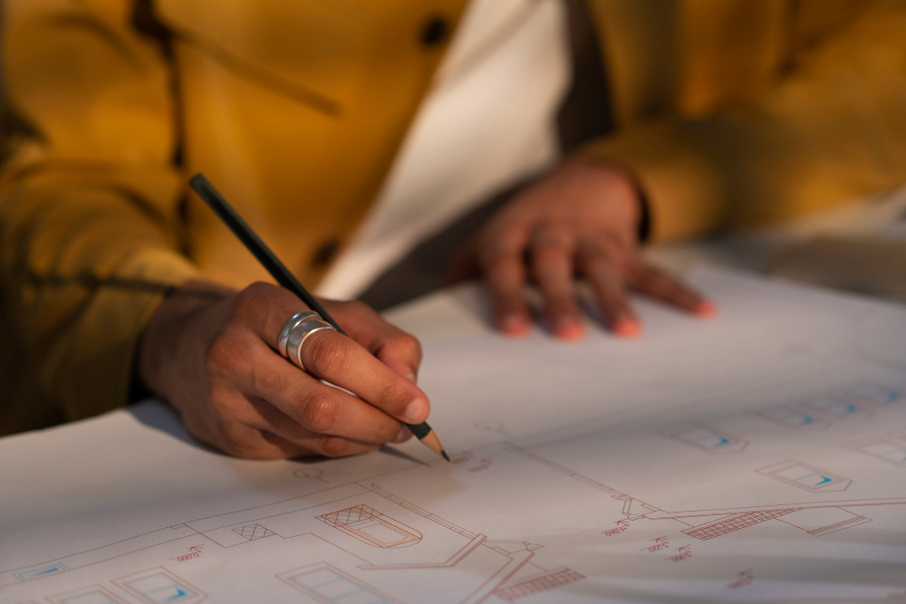 Person in a yellow jacket sketching architectural plans with a pencil on paper.
