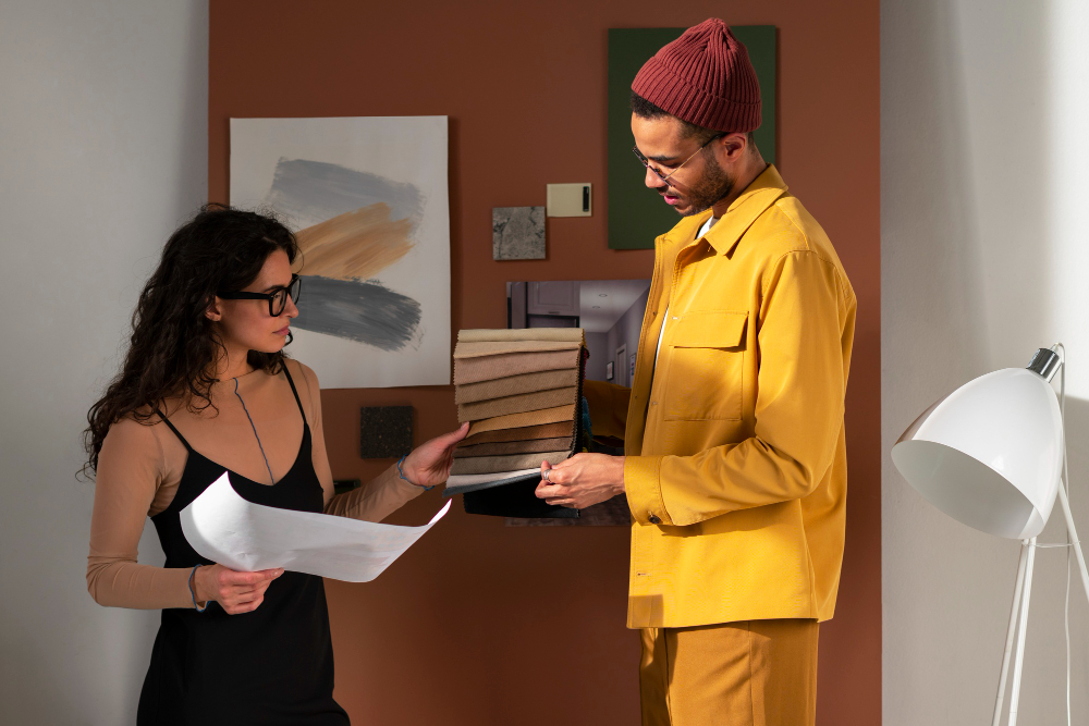 A woman and a man with glasses reviewing fabric samples and a paper in a modern office setting.