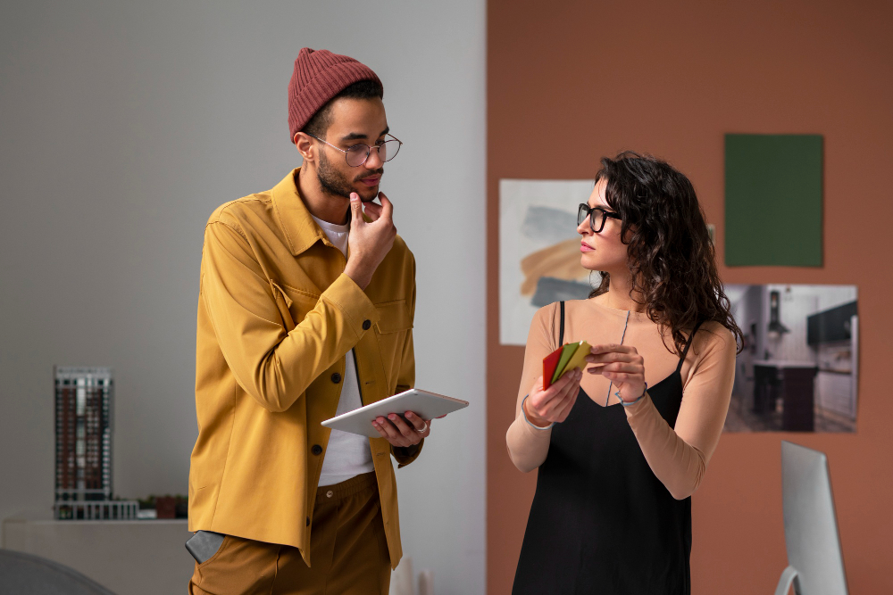 Man in mustard jacket and beanie holds a tablet thoughtfully while a woman in glasses and black dress holds color swatches in an interior design setting.