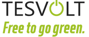 TESVOLT logo with a power button icon replacing the letter O and the slogan 'Free to go green.' below.