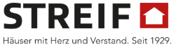 STREIF logo with a red square containing a white house roof icon and the slogan 'Häuser mit Herz und Verstand. Seit 1929.'