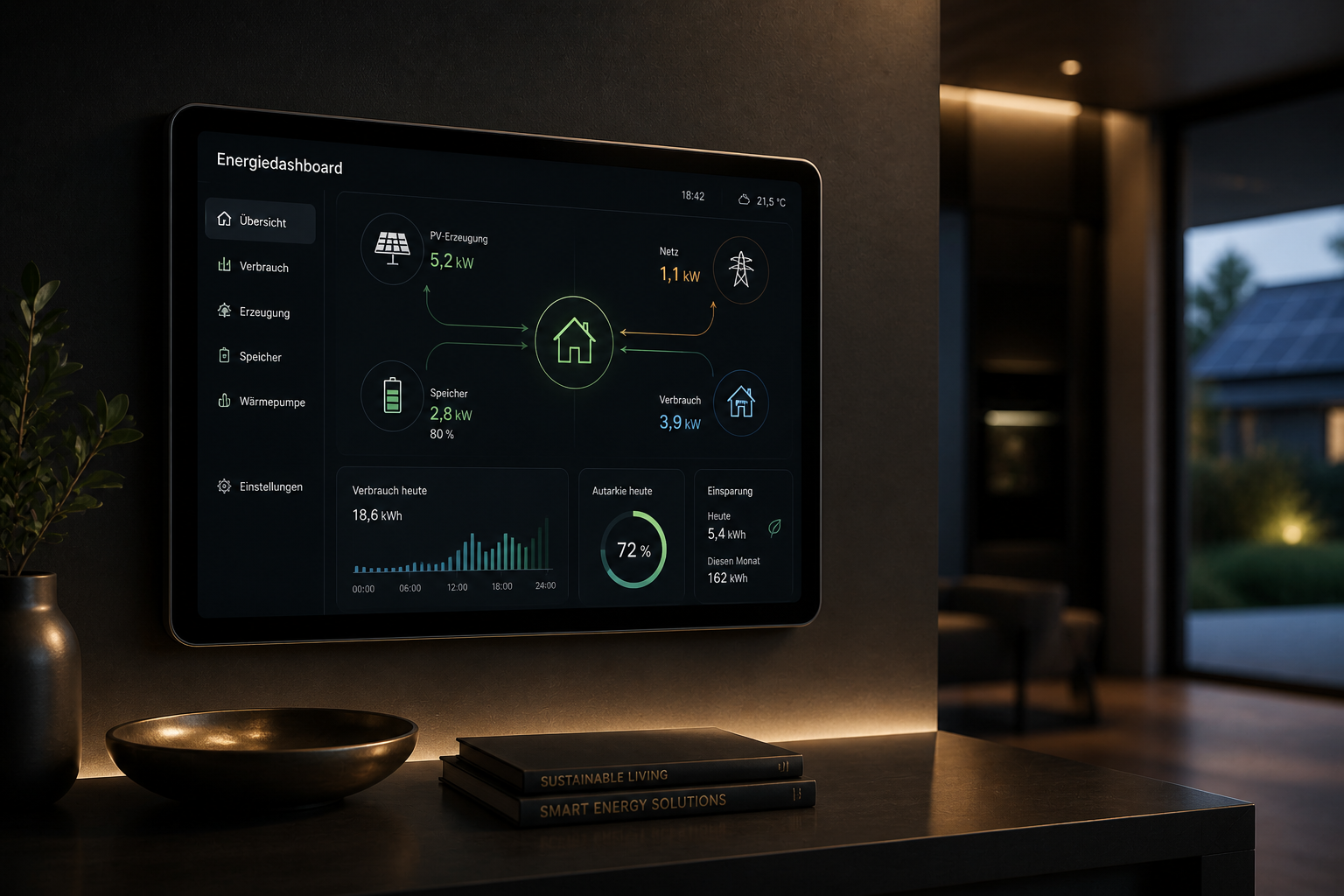 Wall-mounted energy management dashboard displaying solar power generation, battery storage, power consumption, and network data inside a modern home at dusk.