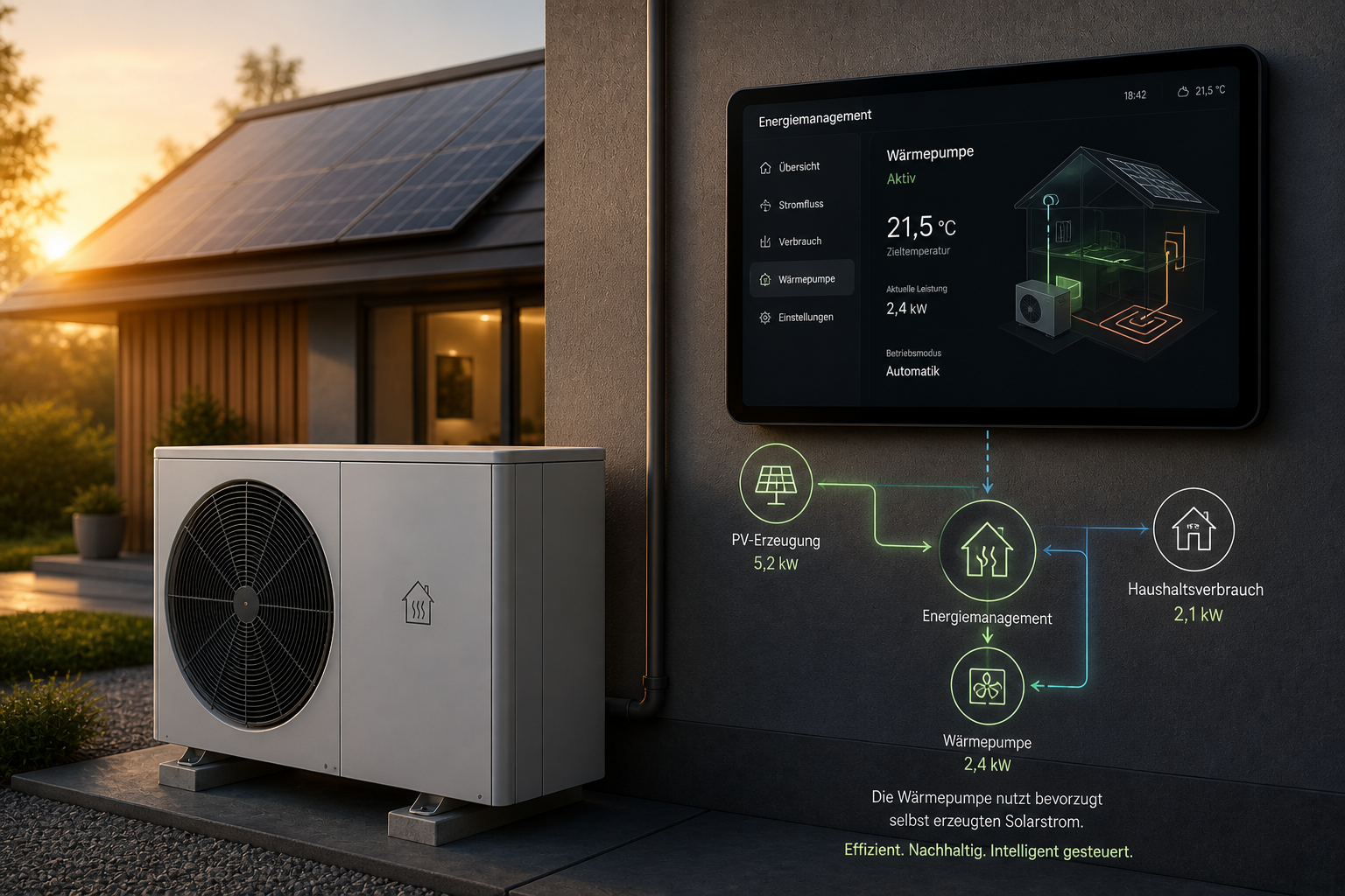 Outdoor heat pump unit next to a modern house with solar panels and a digital energy management screen showing heat pump operation and solar energy usage.