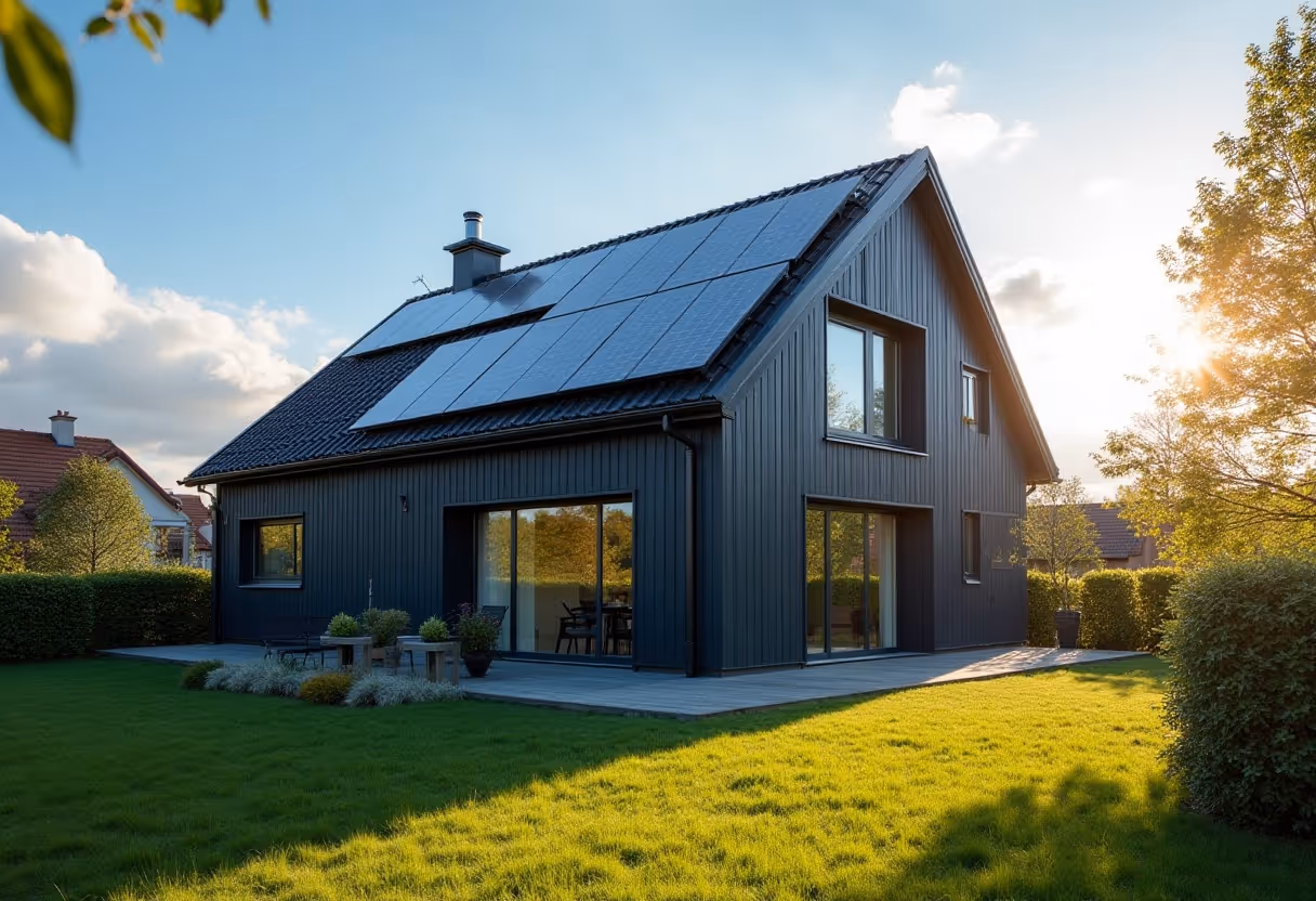 Modernes Einfamilienhaus mit dunkelgrauem Satteldach, auf dem großflächig Solarpaneele installiert sind. Der Himmel ist wolkenlos und strahlend blau, die Umgebung grün und gepflegt – Symbol für nachhaltige Energie und zukunftsorientiertes Wohnen.