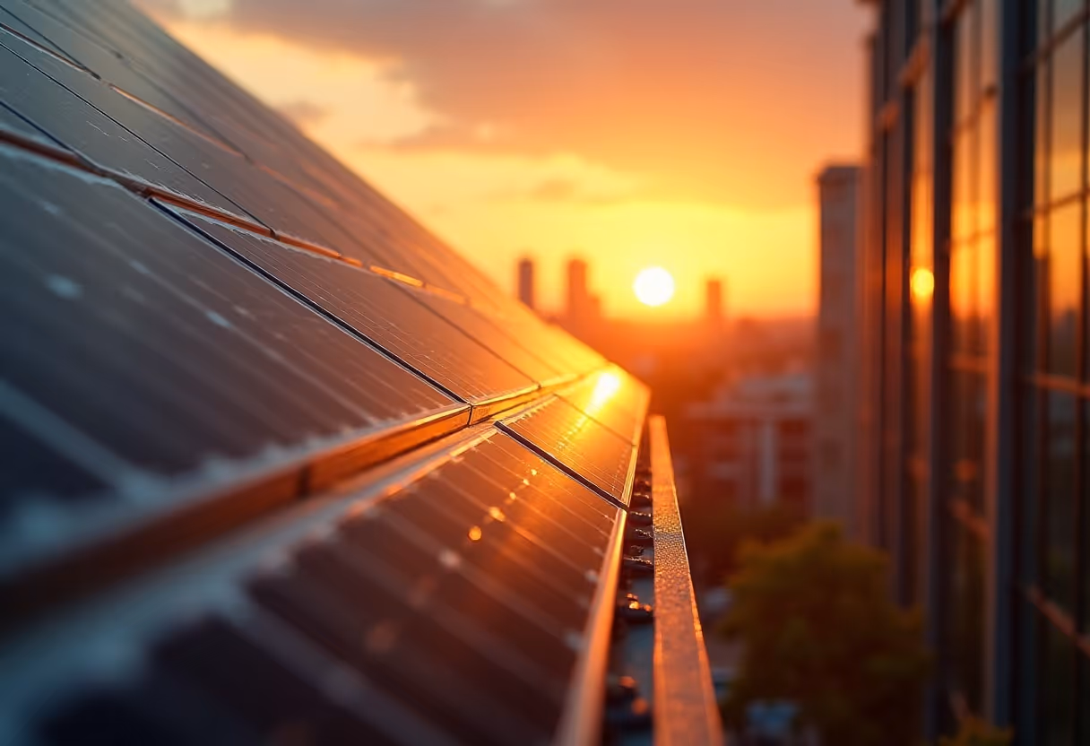 Nahaufnahme von glänzenden Photovoltaikmodulen auf einem Dach, Sonnenstrahlen reflektieren auf den Solarpaneelen, Symbol für erneuerbare Energien und ökologische Innovation.