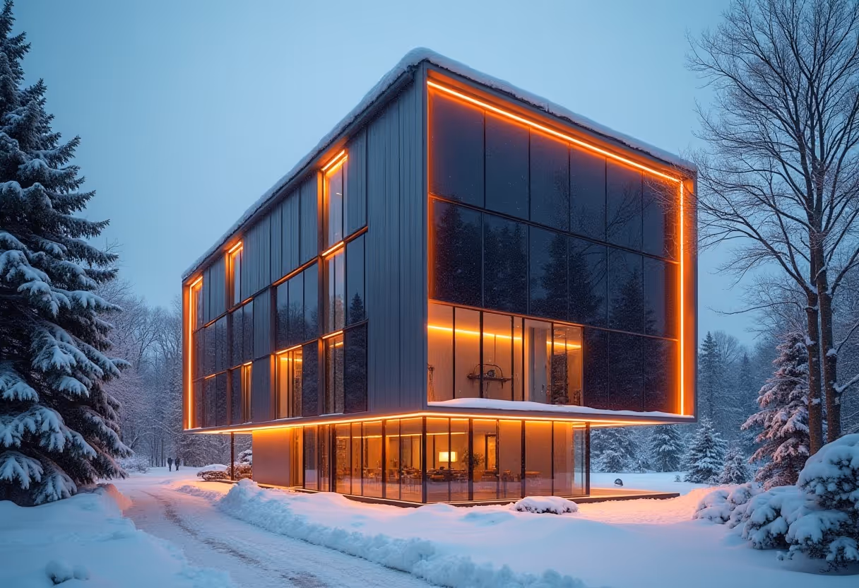 Moderne Gebäudefassade mit architektonisch integrierten Solarpaneelen in einem urbanen Umfeld. Die klaren Linien des Designs und die dunklen Solarmodule verschmelzen ästhetisch mit Glas- und Steinflächen – ein Symbol für nachhaltige Energietechnik und zukunftsweisende Architektur.