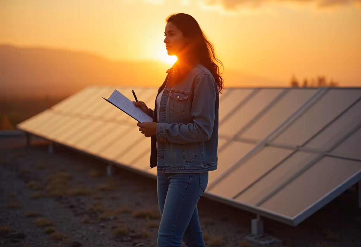 Frau mit langen Haaren steht bei Sonnenuntergang vor einer Photovoltaikanlage und hält eine Checkliste in der Hand – Symbolbild für Planung und Vorbereitung einer Solaranlage.