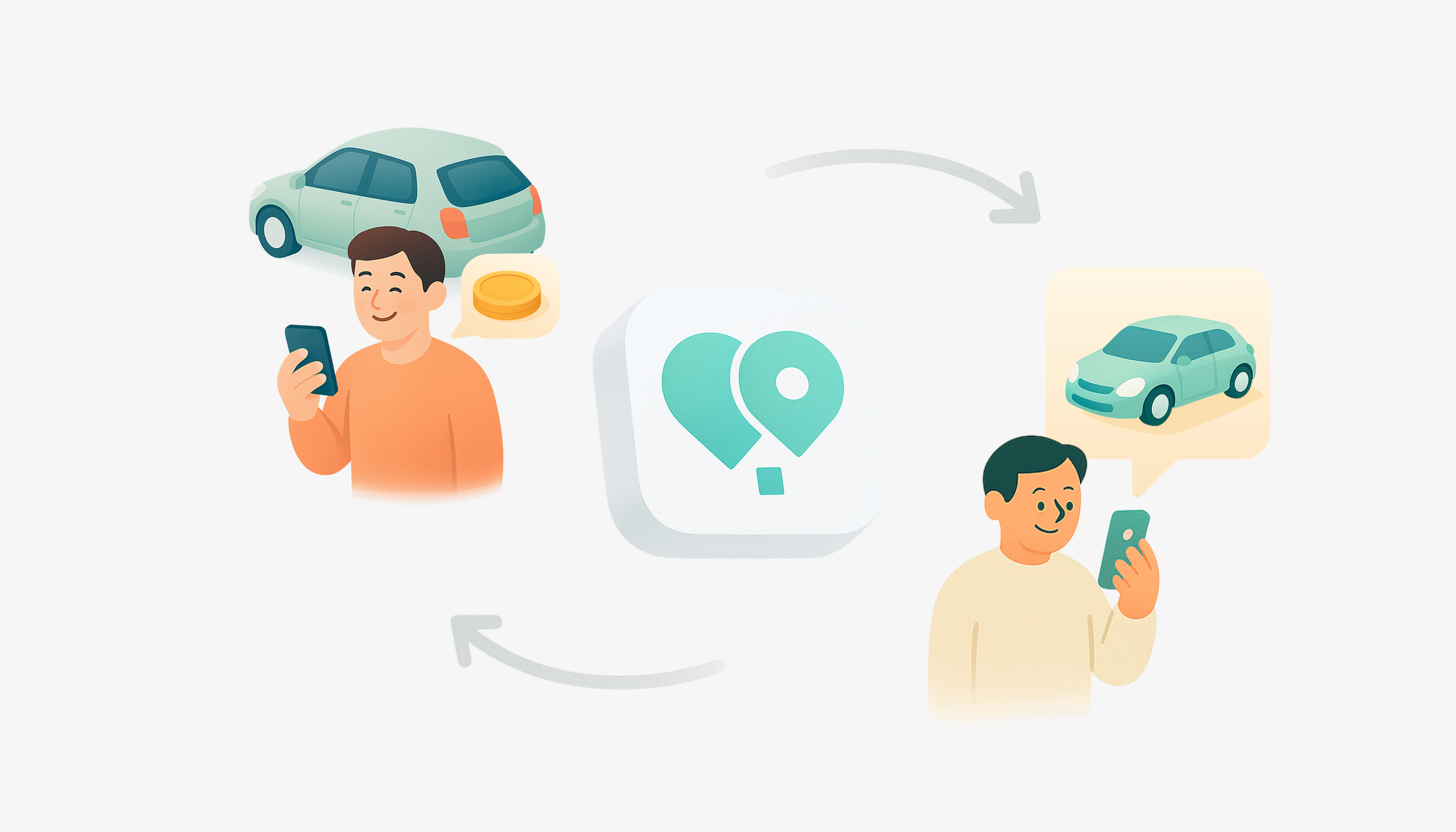 차량을 공유하고 돈을 버는 모습 앱 아이콘을 중심으로 차를 빌려주는 사람과 대여하는 사람이 있는 일러스트