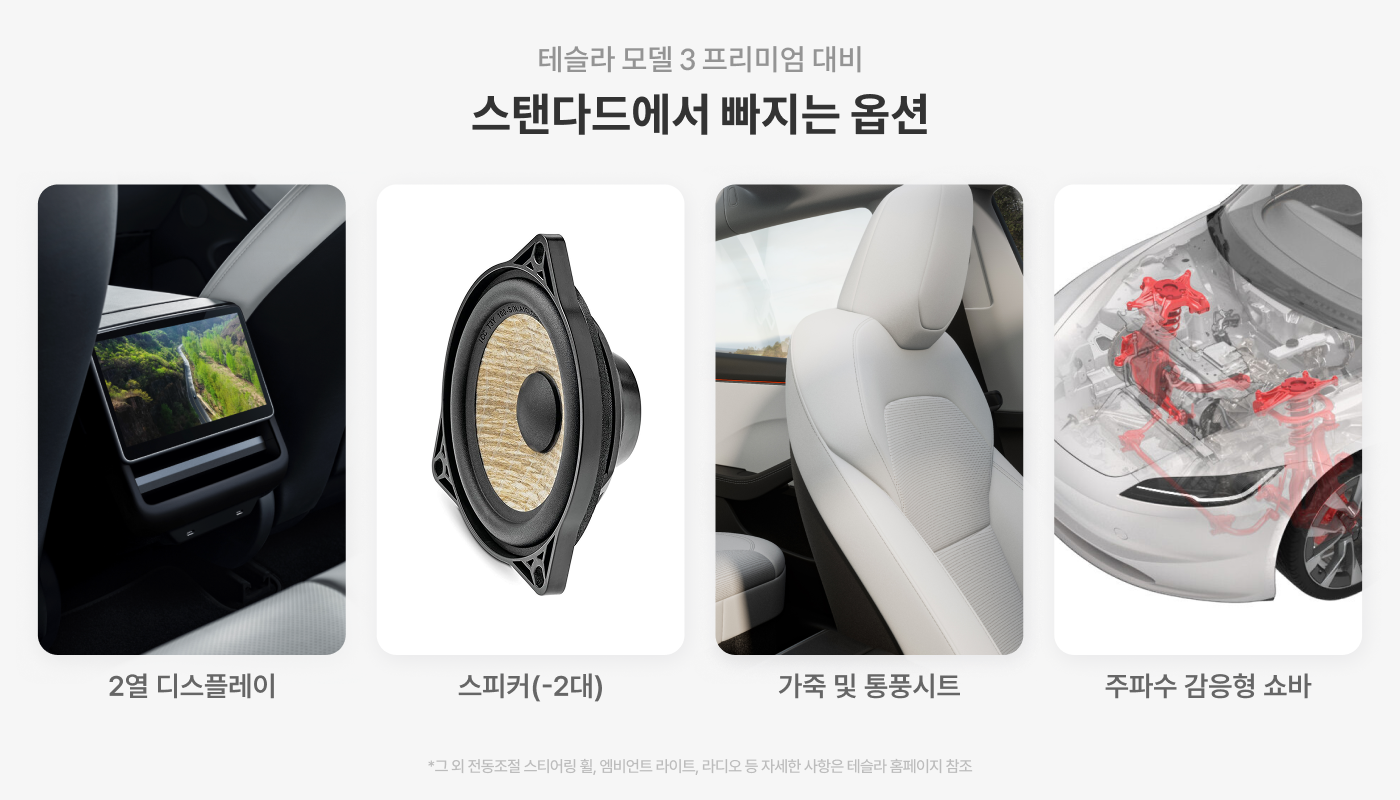 테슬라 모델 3 프리미엄 대비 스탠다드에서 빠지는 옵션들(2열 디스플레이, 스피커, 가죽 및 통풍시트, 주파수 감응형 쇼바)