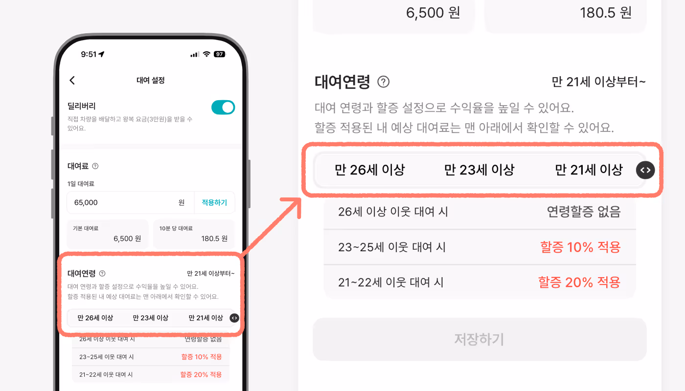 타운카 앱 대여설정 화면에서 대여 연령을 설정하는 화면